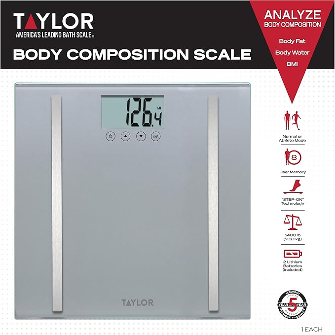 Taylor Digital Body Composition Scale, Bathroom Scale for Body Weight, Measures Body Fat, Body Water, and Muscle Mass Percentages, 8 User Recognition, 400 lb Capacity, Charcoal