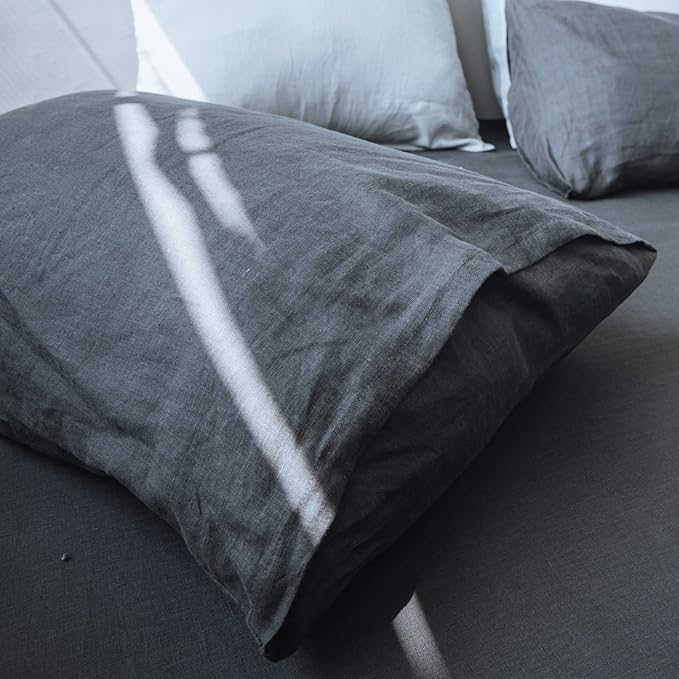 Simple&Opulence Washed Linen Bed Sheet Set Basic Style 4 Pieces (1 Flat Sheet & 1 Fitted Sheet & 2 Pillowcases) 100% Natural French Flax Soft Breathable Farmhouse Bedding (King, Dark Grey)