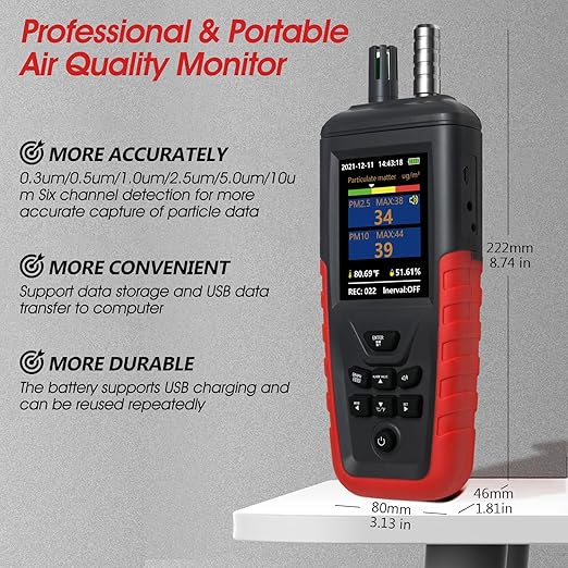 Air Quality Monitor Dust Particle Counter Indoor, Home Air Quality Sensitivity Test 6-Channel Pm0.3/0.5/1.0/2.5/5/10 Um Tester with Temperature/Humidity Monitor/USB Recharge Data Transfer/Storage