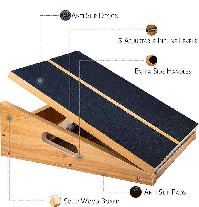 Professional Wooden Slant Board, 5 Positions Adjustable Slant Board for Calf Stretching Squats Incline Board and Calf Stretcher, Slant Squat Board for Knees Ankle Heel Feet Leg