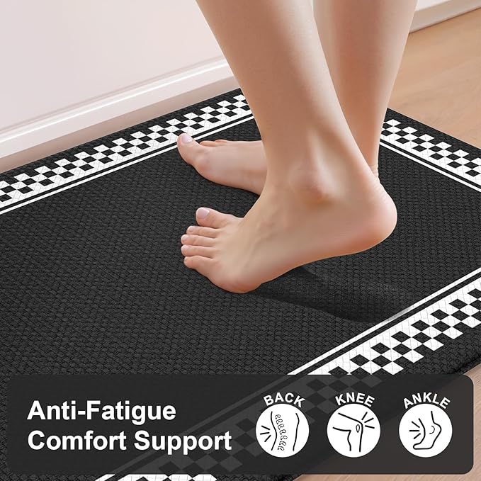 Anti Fatigue Mats for Kitchen Floor,Comfort Kitchen Mats for Floor 2 Piece,Memory Foam Kitchen Mat Non Slip,Cushioned Standing Desk Mat for Office Laundry Sink,Black