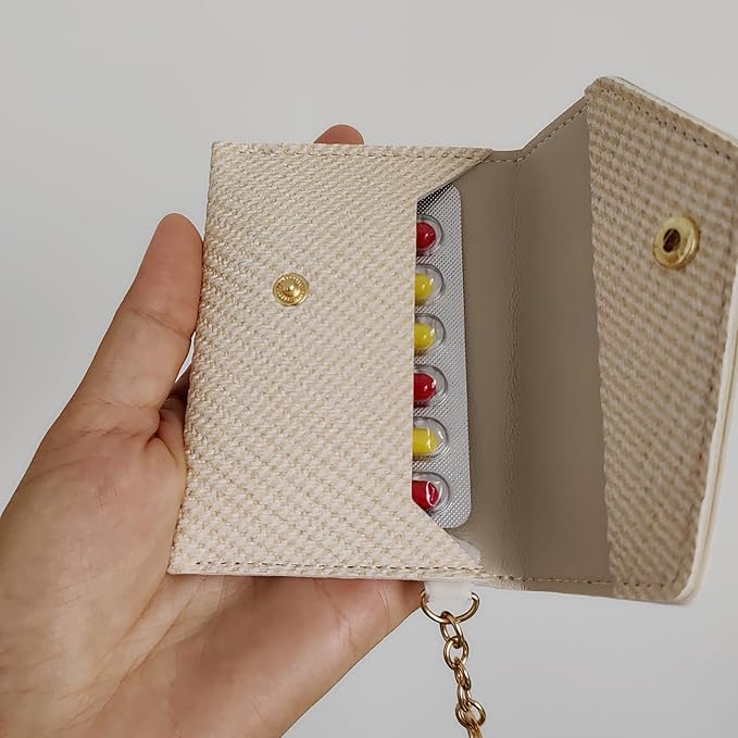 Birth Control Pill Case Wallet PU Leather Medicine Holder Keychain (Beige)