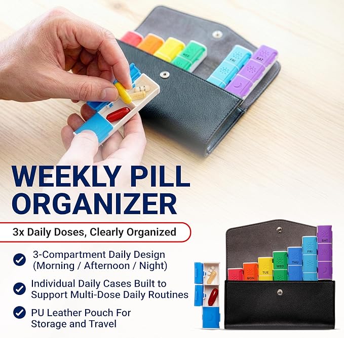 Arrigo Weekly Pill Organizer 3X a Day – 7-Pack Portable Color-Coded Pill Boxes with PU Leather Pouch & Labels – Compact, Travel Friendly Silicone Containers for Luggage, Purse, Backpack or Drawer