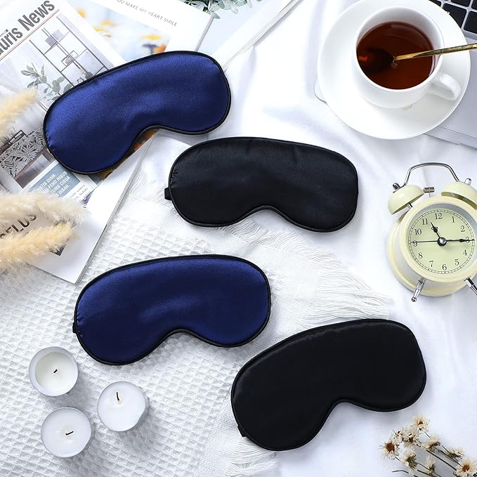 Sintege 4 Pcs Silk Eye Mask for Sleeping Kids Soft Eye Cover with Adjustable Strap Blindfold for Kids Boys Girls Christmas Travel Gift Nap Shade Blocking Light(Black, Navy Blue)