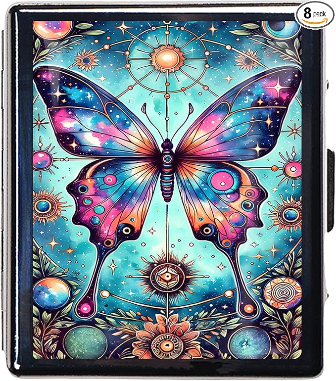 Silver Vintage Pill Box 7 Day Metal Pill Box with Mirror and 8 Compartments Cute Travel Pill Organizer for Purse (Blue Butterfly)