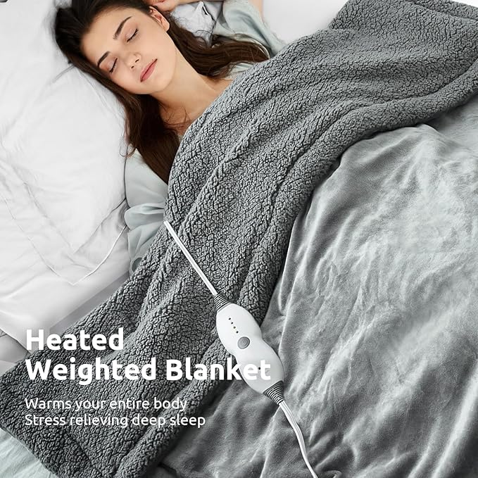 Drewin Heated Weighted Blanket, Sherpa Fleece Electric Throw Blanket 15 lbs for Adult, Fast Heating, Weighted Blankets Twin Size with 4 Heating Levels 2 Hours Timer Auto Off, 48 x 72 inches, Grey