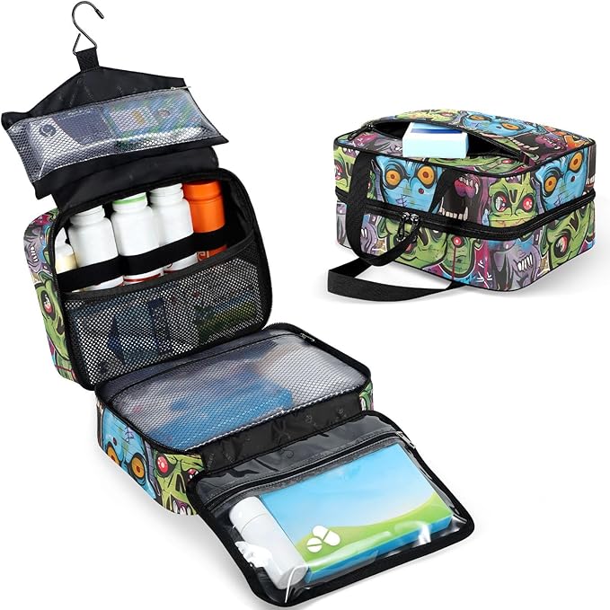 Fustylead Graffiti Art Zombie Green Scary Walking Dead Pill Organizer Bag Large Medicine Travel Carrying Case with Zipper for Vitamin Supplements Fish Oil, Empty First Aid Kit for Hiking Camping