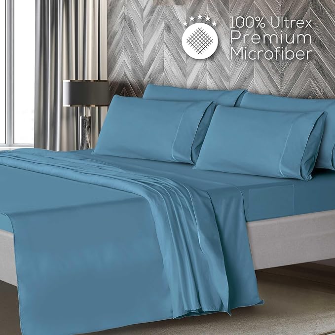 Mueller Ultratemp Bed Sheets Set, Super Soft 1800, 6 Piece California King Sheet Sets, Deep Pocket up to 16", Transfers Heat, Breathes Better, Hypoallergenic, Wrinkle-Resistant, Oeko-TEX, Denim