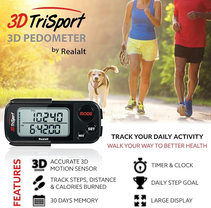 Realalt 3DTriSport 3D Walking Pedometer with Clip & Strap, Accurate Step Counter with 30-Day Memory, Distance in Miles/KM with Large Display Perfect for Seniors & Beginners, eBook Included