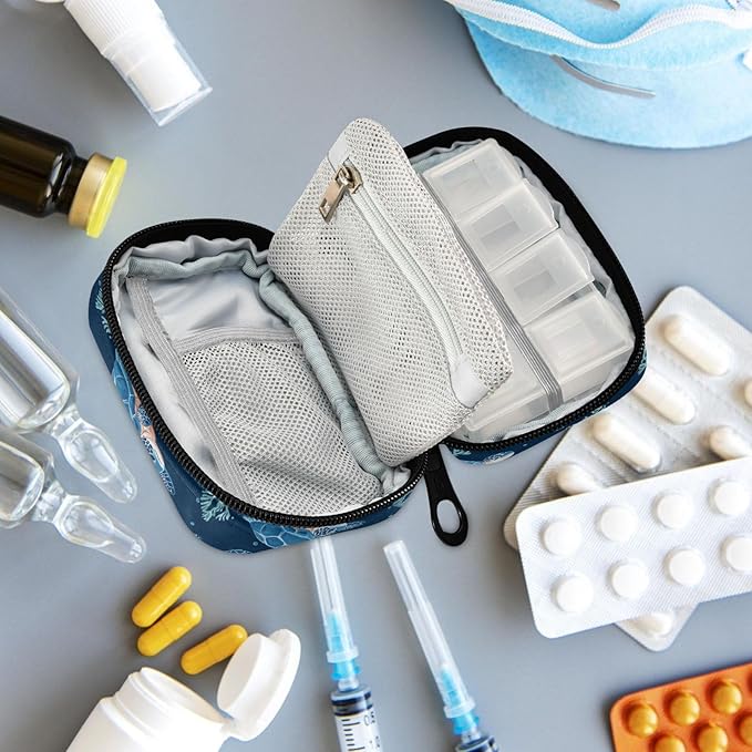 Fustylead Cute Blue Sea Turtle and Coral Decor Travel Pill Organizer Case Zipper for Purse with Removable Weekly Pill Box for Medicine, Vitamin, Supplement Medicine Organizer
