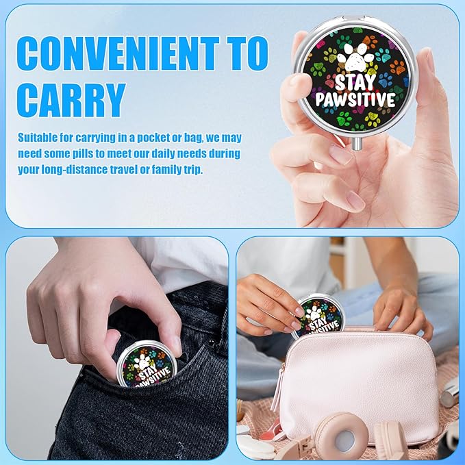 Pill Box, 3 Compartments Small Dog Lover Pill Case Travel Portable Metal Medicine Box with Mirror Mini Container for Purse Pocket Women Men(Dog Paw)