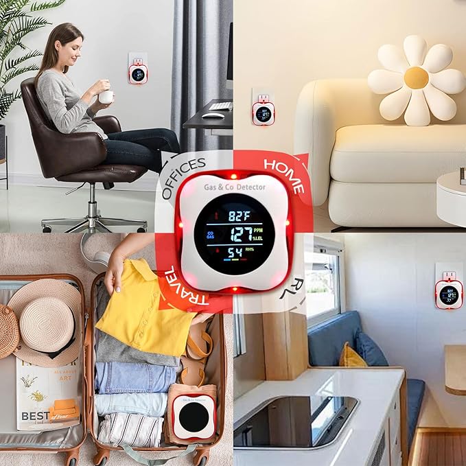 Combustible Gas & Carbon Monoxide Detector 4-in-1 Alarm with Temp/Humidity Sensor – Plug-in CO/Gas Leak Detector for Home, RV, Apartment Safety (Explosive Gas & CO Detection) (CO&Gas, 2-Pack)