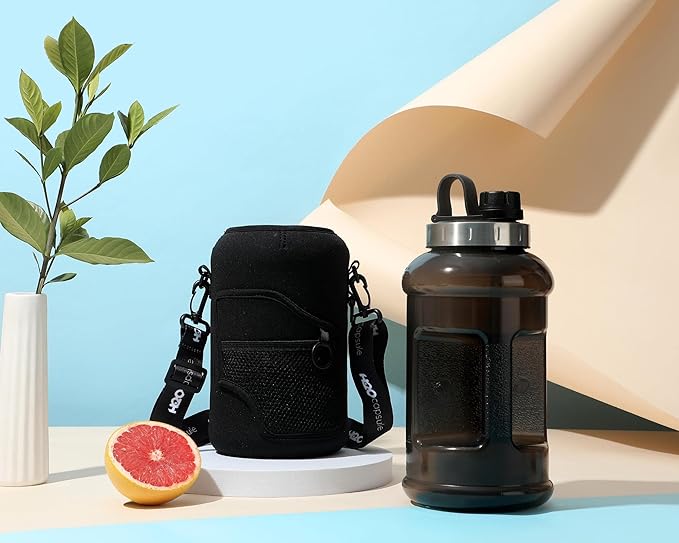 H2O Capsule 2.2L Half Gallon Wide Mouth Water Bottle with Storage Sleeve and Removable Straw - Hydration Tracker Jug with Measurements Marked – Shatterproof BPA-Free, (Jet Black)