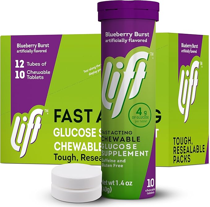 Lift Glucose Fast-Acting Glucose Chewable Energy Tablets, Blueberry, 10 ct Tube (Pack of 12)