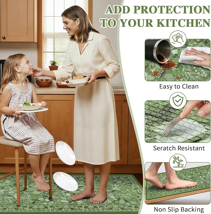 Kitchen Rug Green Botanical Floral Anti-Fatigue Kitchen Mat, Waterproof Non Slip Comfort Standing Mat Rug for Home, Sink, Laundry 17.3"x59"