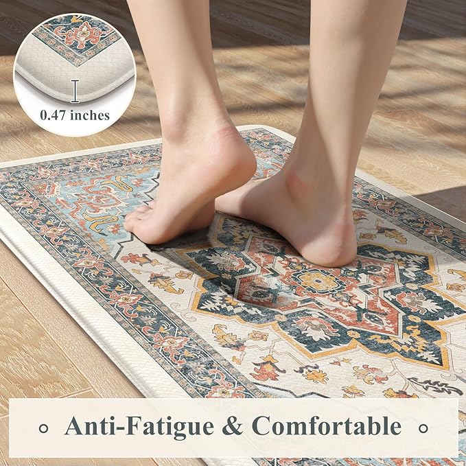 Kitchen Mats for Floor Cushioned Anti Fatigue,Boho Vintage Blue Kitchen Rugs Sets of 2 Non Slip,Memory Foam Waterproof Comfort Standing Mat Carpet for Sink Laundry Office