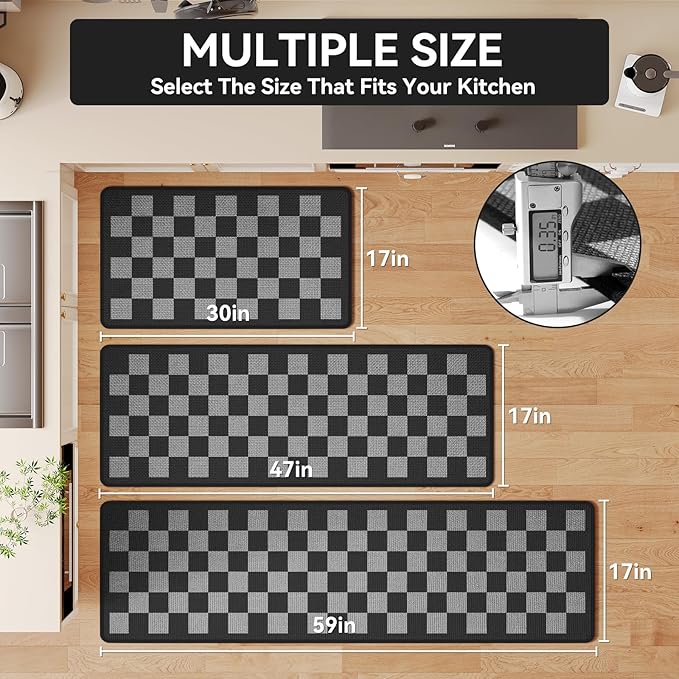 Kitchen Runner Rugs Non Slip Washable, Super Absorbent Kitchen Mats for Floor, Linen-Look Woven Sink Mat Standing Mat, Easy Clean, Black Gray Checkered 17"x59"
