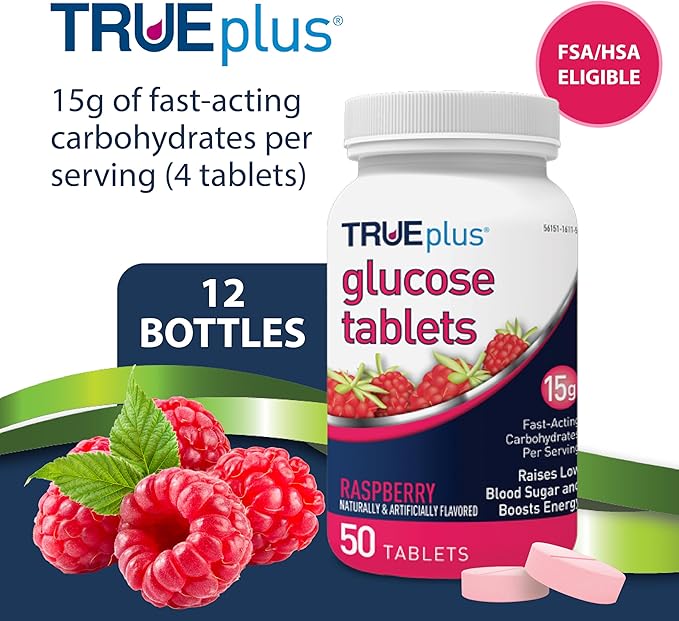 TRUEplus Glucose Tablets, Chewable, Raspberry Flavor, 15g Fast-Acting Carbohydrates, Fat Free, Gluten Free, Raise Low Blood Sugar and Boost Energy, 50 Count, 12 Bottles