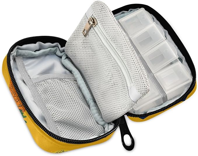Cute Yellow Pineapples and Triangles Travel Pill Organizer Case Box Container Weekly Portable Vitamin Medicine Holder Storage Bag with Zipper Removable