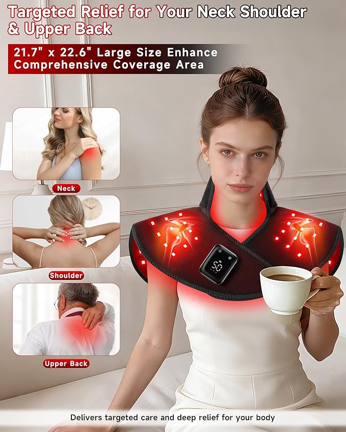 Cordless Red Light Therapy for Neck and Shoulder, 5000mAh Rechargeable 148 LEDs 660nm&850nm Near Infrared Light Therapy for Shoulder Neck Back Pain Relief (Black)
