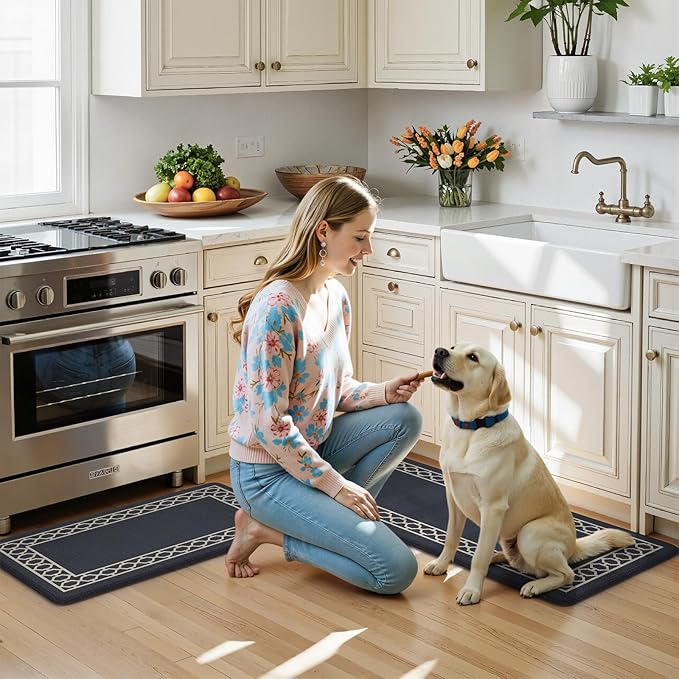 LEEVAN Kitchen Mats for Floor Set of 2,Anti Fatigue Mats for Kitchen Floor,Navy Blue Cushioned Non Slip Boho Standing Mat,Waterproof Memory Foam Comfort Kitchen Floor Mat for Sink(17"x29"+17"x47")