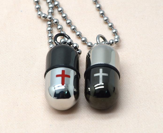 1.1''*0.7'' Latin Cross Black& Red Pill Capsule Case Holder Necklace Pendant Adjustable 27'' Long Chain with a Velvet Bag