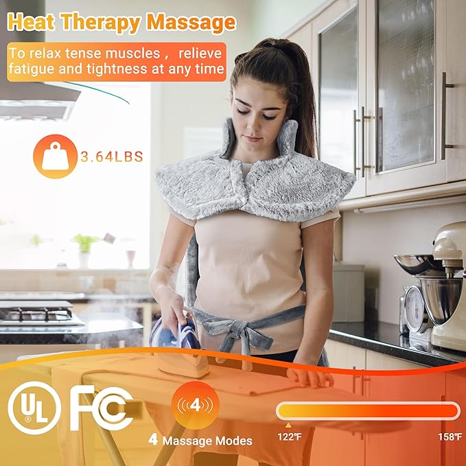 Massaging Heating Pad for Neck and Shoulders and Back, Large Electric Heating Pad for Back Pain Relief with 3 Heat Levels, 4 Massage Settings, 4 Massage Motors