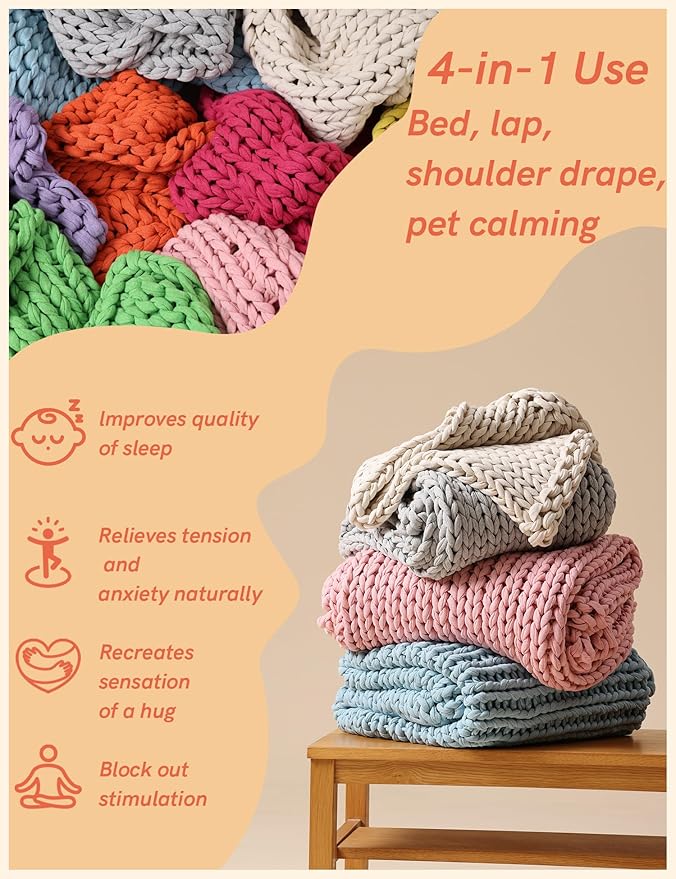 YnM Cooling Weighted Blanket, 100% Cotton Handmade Chunky Knitted Blanket, Weighted Lap, Breathable Heavy Blankets, Machine Washable Throw for Sleep or Home Decor (Light Grey, 40x50 Inch, 7lbs)