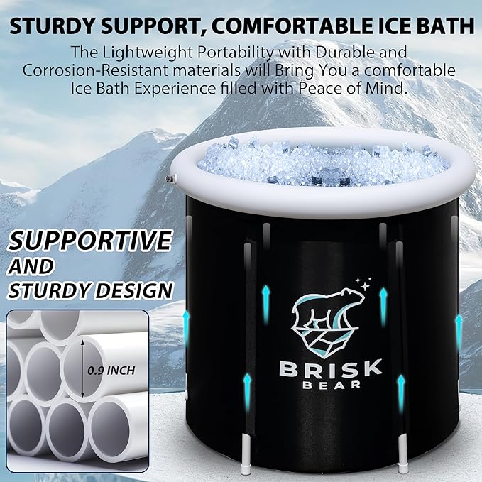 Ice Bath Tub for Athletes with Cover by Brisk Bear - Extra Large Cold Plunge Tub for Recovery - Inflatable Ice Bath Plunge Pool with Digital Timer - Cold Plunge to Soothe Muscles - Black Ice Tub