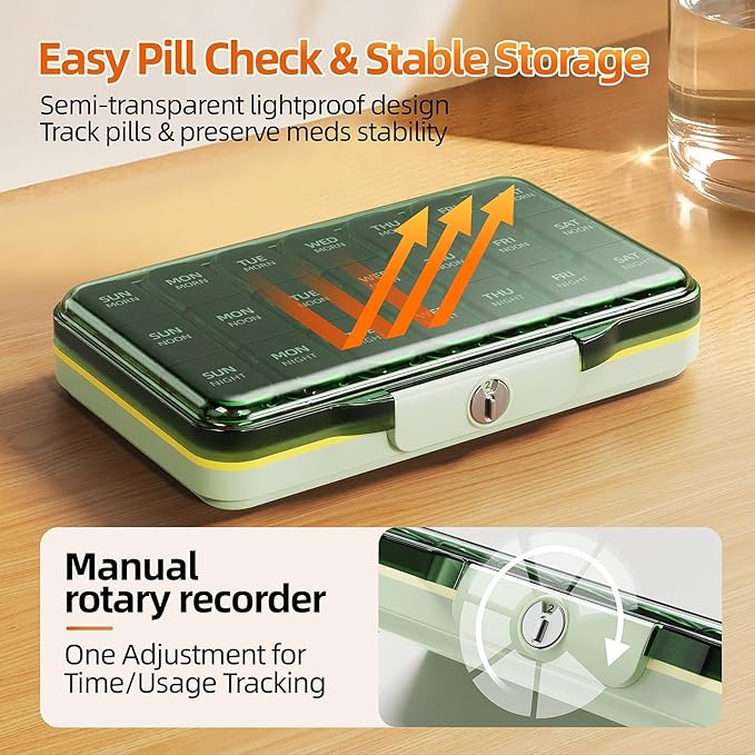 Weekly Pill Organizer 3X a Day, Detachable 7 Day Pill Box 3 Times a Day with Moisture-Proof Design, Portable Light-Proof Daily Pill Case for Pills,Vitamin,Fish Oil and Supplements(Green)