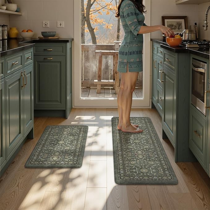 KIMODE Comfort Kitchen Mats for Floor Cushioned Anti Fatigue,Boho Vintage Kitchen Rugs Sets of 2 Non Slip,Memory Foam Kitchen Floor Mat Carpet for Laundry Office Home Decor,Dark Green