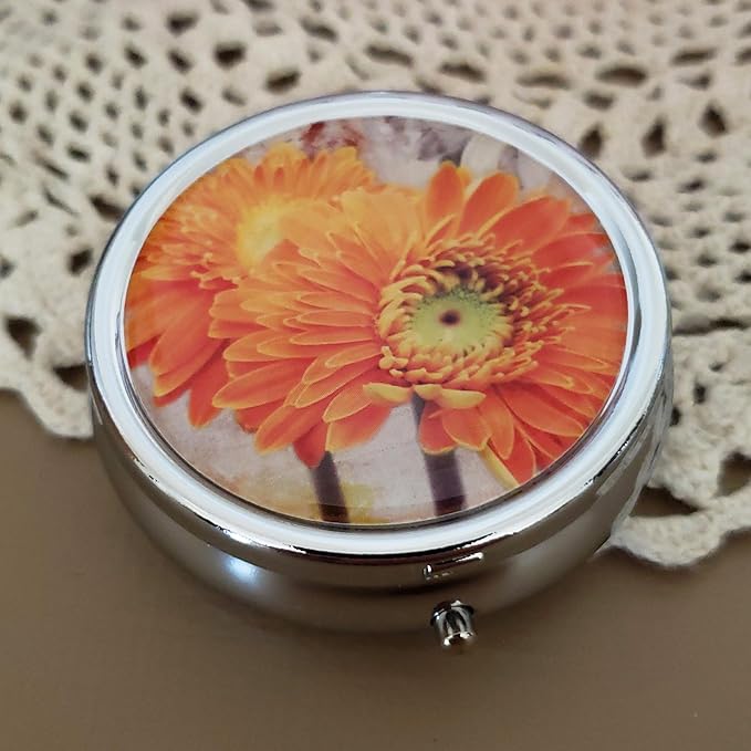 Designer Pill Box by Houder - Decorative Pill Case with Gift Box - Carry Your Meds in Style (Orange Daisy)