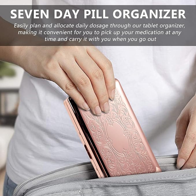 Pill Organizer 7 Days 8 Compartments, Travel Metal Pill Box, BPA-Free Portable Pill Box (Pattern Rose, Large)
