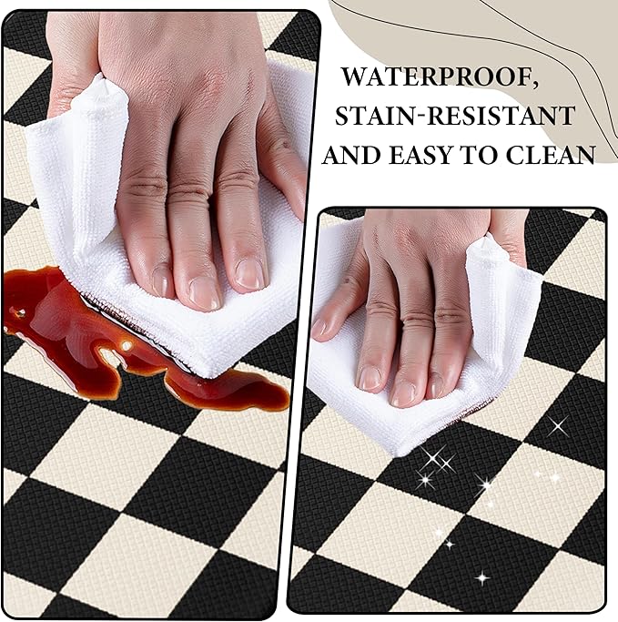 Beige Black Checkered Grid Checkerboard Kitchen Rug Sets [2 PCs], Anti-Fatigue, Waterproof Non-Slip Kitchen Mats Heavy Duty Comfort Foam Rug for Kitchen, Floor, Laundry,17"x47"