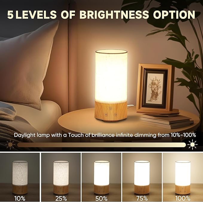 Light Therapy Lamp, Happy Lamp 10,000 LUX UV Free with 3 Color Temperature & 5 Brightness Level, Full Spectrum Light Wood Base Round Flaxen Fabric Shade for Living Room, Desk, Office