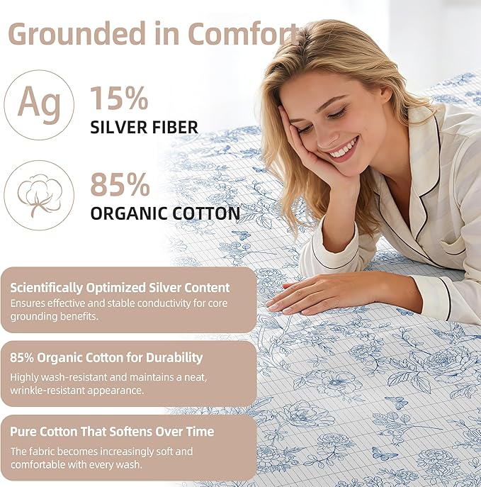 Grounding Sheets Queen Blue Floral - 15% Pure Silver + 85% Organic Cotton Fitted Bed Sheet for Earthing - 400 Thread Count Deep Pocket Grounded Bedsheets - Improved Sleep Down to Earth Ground Bedding
