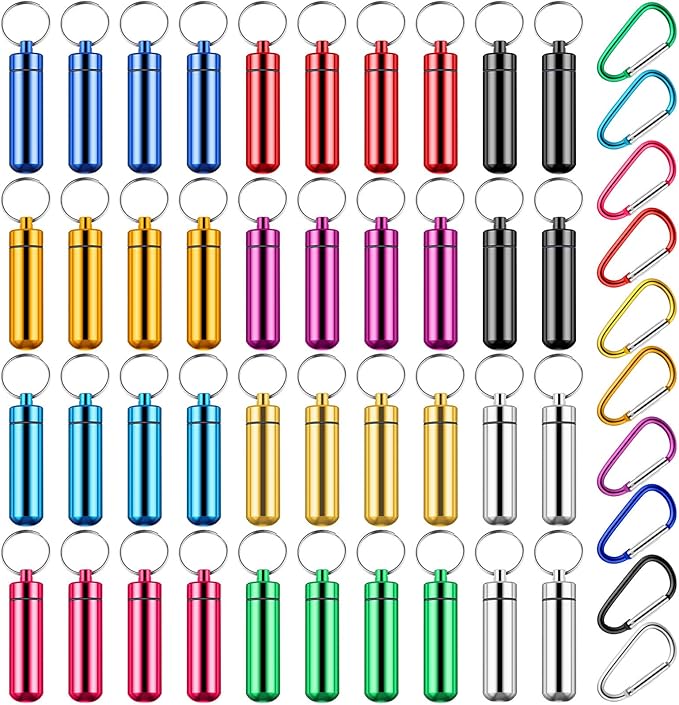 Jinei 40 Pcs Aluminum Metal Pill Box Case Organizer Waterproof Mini Storage Container Portable Pill Case Keychain with Buckles for Daily Use Outdoor Camping Travel (Multicolor)