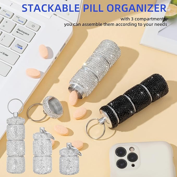 Keychain Pill Holder Box Travel Small Pill Case Bling Portable Purse Medicine Case Container Metal Pill Organizer Fob for Vitamin Medicine(Black)