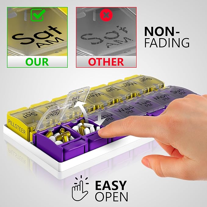Pill Organizer 2 Times a Day - Weekly Medicine Organizer - Vitamin Holder - Big Pill Container Box - Easy Open Large Medication Dispenser Case - Detachable 7 Day AM PM - 14 Compartments