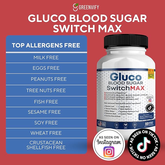 Gluco Blood Sugar Switch Max All Natural Formula to Maintain Healthy Levels, Maximum Strength Daily Formula, 2 Pack, 120 Capsules