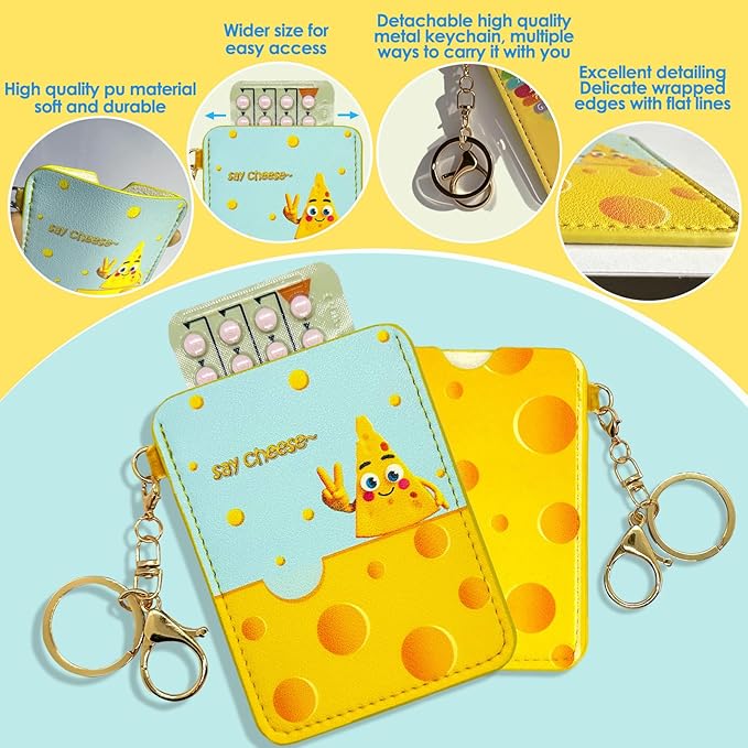 Discreet Birth Control Pill Case Holder - 4.3x3.3IN Portable Organizer with Detachable Metal Keychain, Cute Cheese Artwork Sleeve for Daily Protection (Fits Standard Pill Packs) (Yellow)