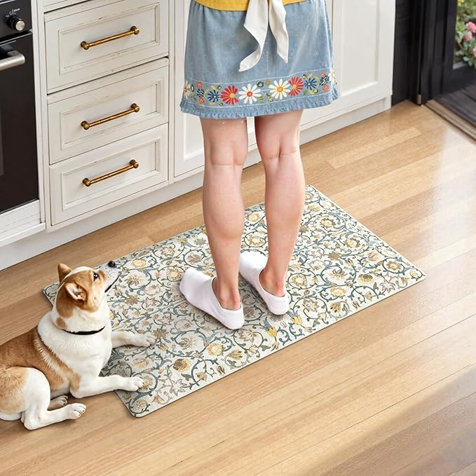 KIMODE Anti Fatigue Mats for Kitchen Floor Non Slip,Farmhouse Floral Sink Rug Waterproof for Laundry,Memory Foam Ergonomic Cushioned Carpet for Office,Beige/Blue 17.3"x28"