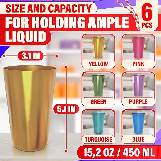 Retro Style Aluminum Cups 15 oz Set of 6 - Metal Tumblers for Cold Drinks, Festive Color-Finished Metal Cups for Drinking, Stackable and Dishwasher-Safe, for Home, Camping, Patio & Holiday Parties