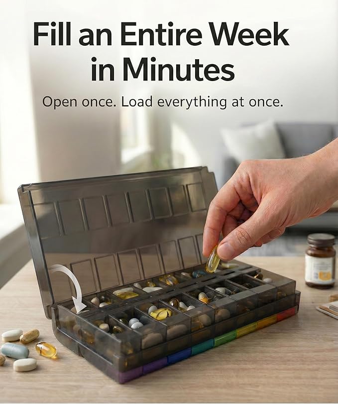 Weekly Pill Organizer 2 Times a Day, AM PM Pillbox 7 Day with Quick-Fill Bottom for Fast Weekly Refills, 14 Large Compartments for Vitamins & Supplements, Color-Coded Morning Night Medicine Case