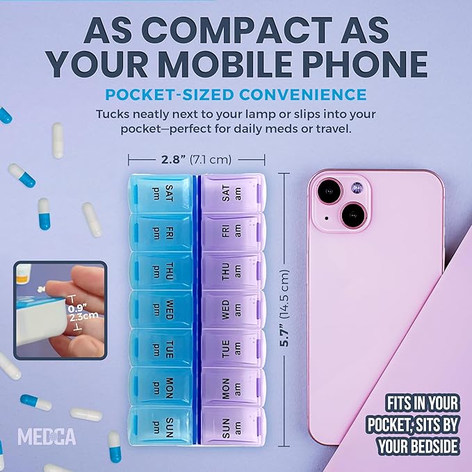 MEDca Pill Organizers - Small Pill Organizer with Weekly and Daily 2-Times-A-Day Compartments for AM/PM - BPA-Free, Portable and Travel Friendly Pill Boxes Case