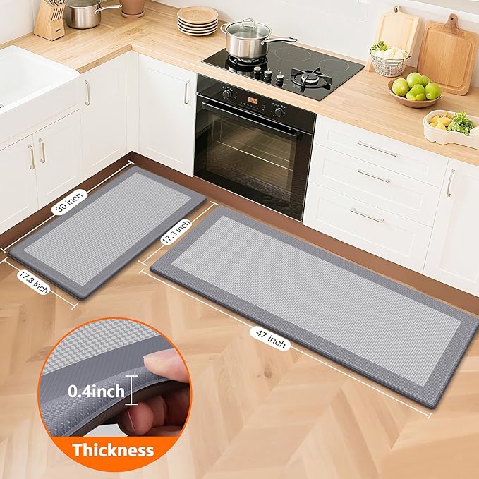 Kitchen Mats, 2PCS Kitchen Rugs for Floor, Cushioned Anti-Fatigue Mats for Kitchen Floor, Non-Slip Standing Desk Mat for Sink, Home, Laundry & Office, 17.3"x30"+17.3"x47" (Grey)