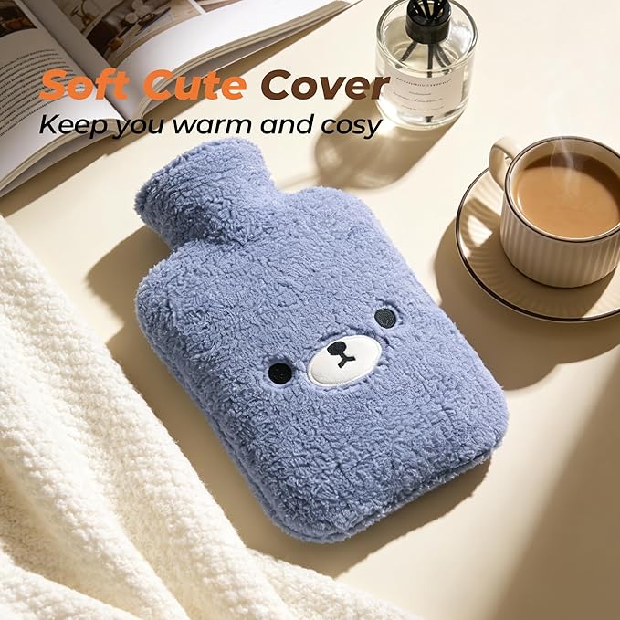 samply Hot Water Bottle with Cute Fleece Cover, Hot Water Bag for Hot and Cold Compress, Hand Feet Warmer, Neck and Shoulder Pain Relief, Navy Blue Bear