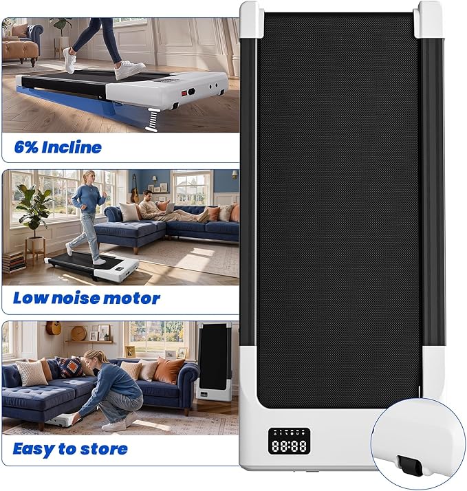 DeerRun Under Desk Walking Pad Treadmill for Home & Office, 6% Manual Incline, 2.5 HP, 0.6–3.8 MPH Walking Speed, 300 lb Capacity, App & Remote Control