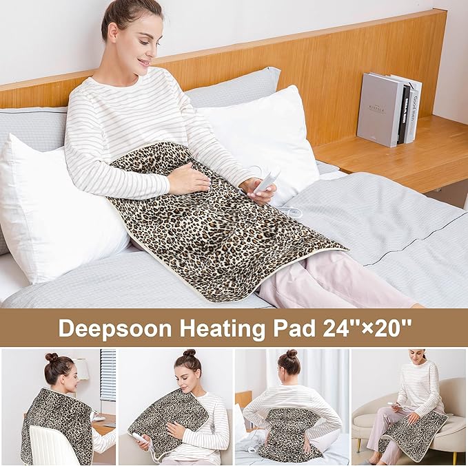 Deepsoon Heating Pad,Electric Heating Pads for Back,Neck,Abdomen,Moist Heating Pad for Shoulder,Knee,Arms,Legs,Dry/Moist Heat & Auto Shut Off,Christmas Gifts for Men and Women,Leopard Print,24x20 Inch