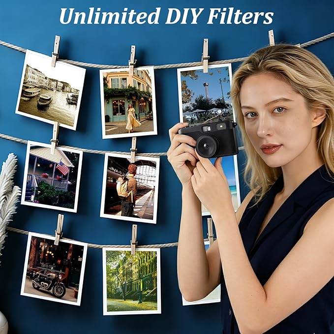 Screen Free Digital Camera, Reusable 12MP Vintage Digital Camera with Unlimited DIY Filters, OTG Support and Flash Light for Summer Camp with 32GB Micro SD Card, OTG Adapter and Type-C Cable（Black）